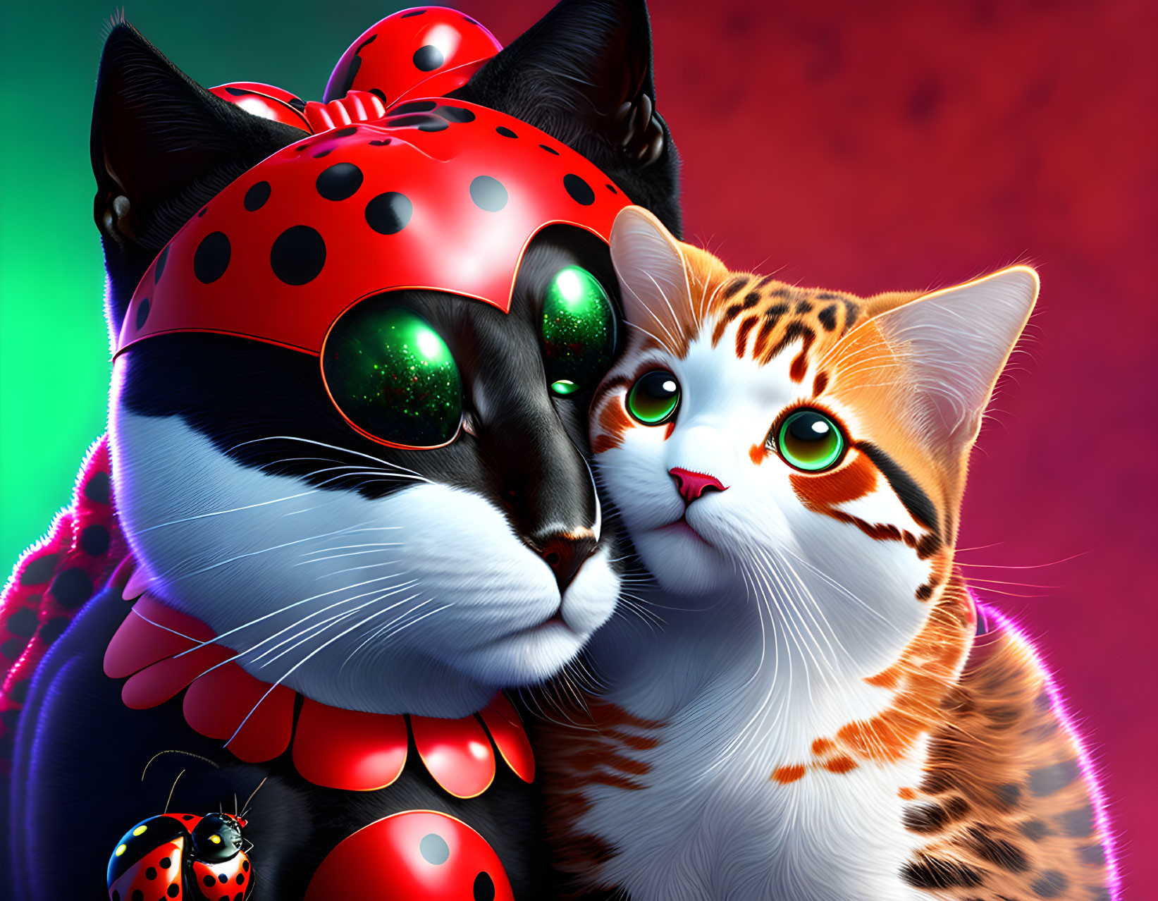 Stylized anthropomorphic cats in pirate and ladybug costumes on vibrant background