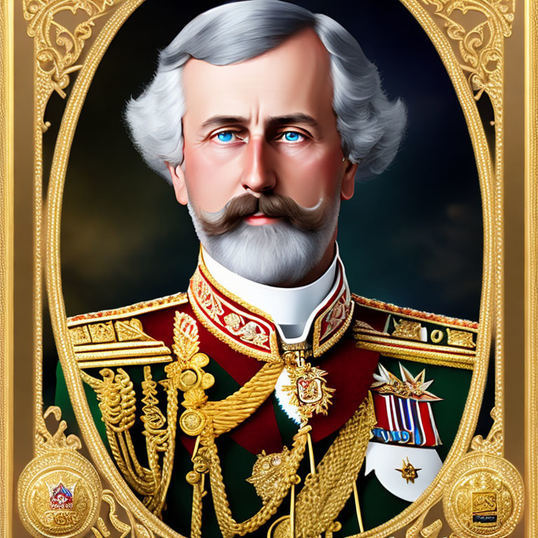 Regal man in military uniform with medals and epaulettes