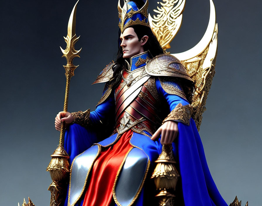 Regal character in blue and red armor with spear, seated against crescent moon.