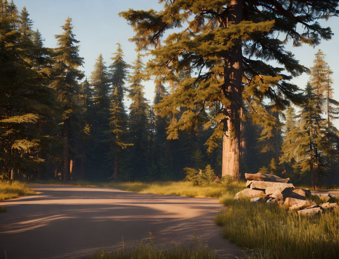 Serene forest with winding road and tall coniferous trees at sunset