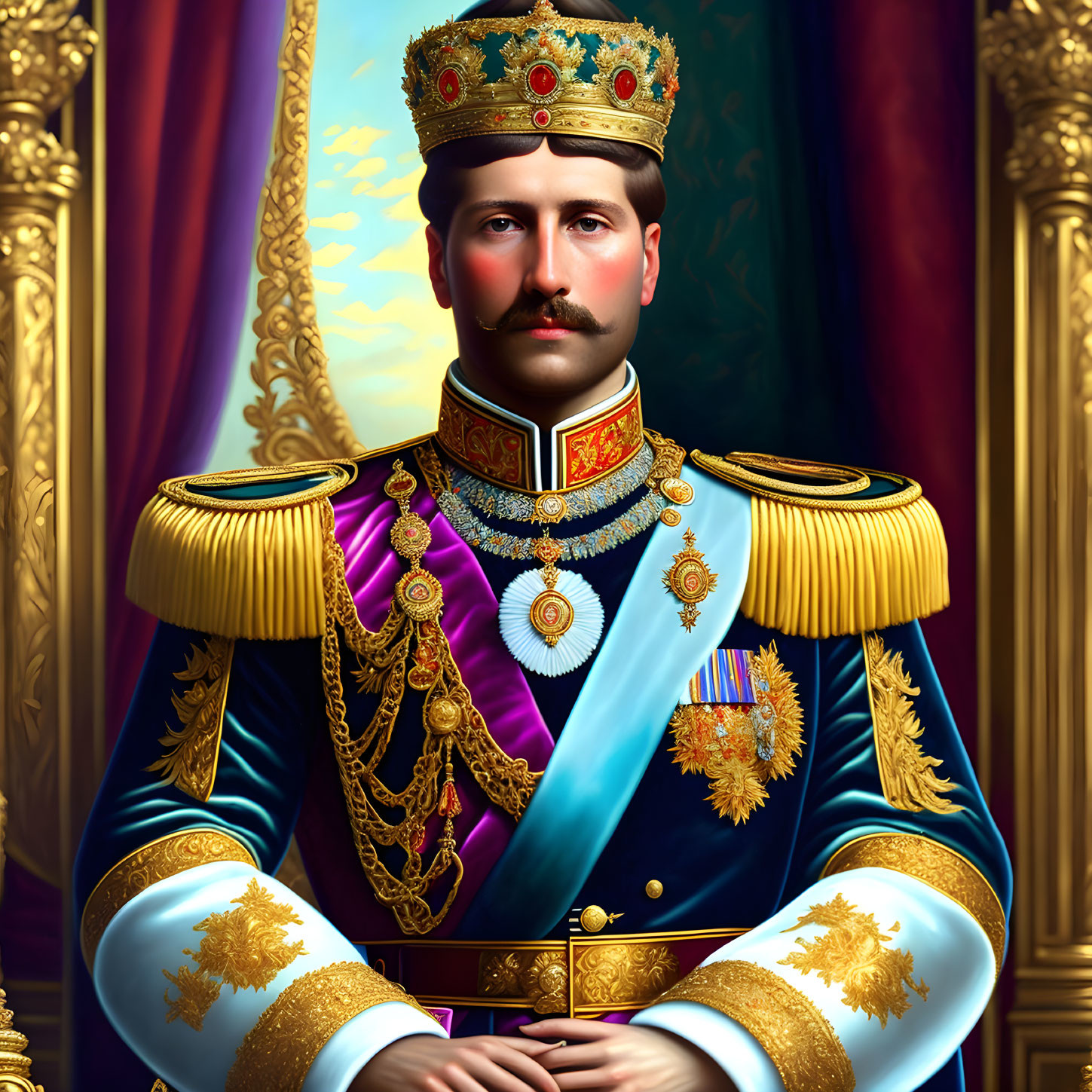 Regal man in royal blue uniform with crown & medals