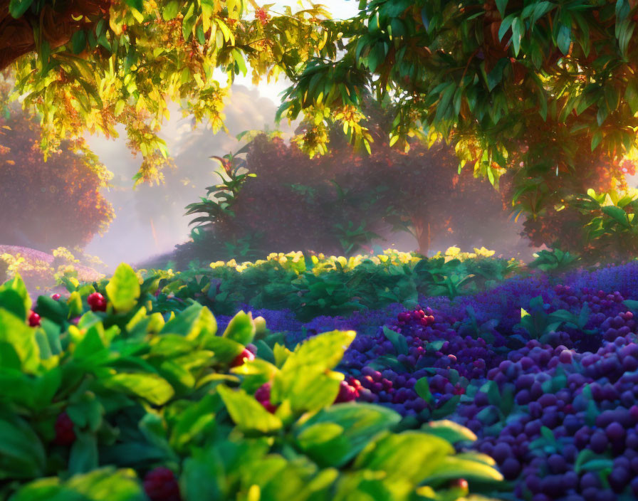 Sunlit Garden with Lush Greenery and Purple Flowers