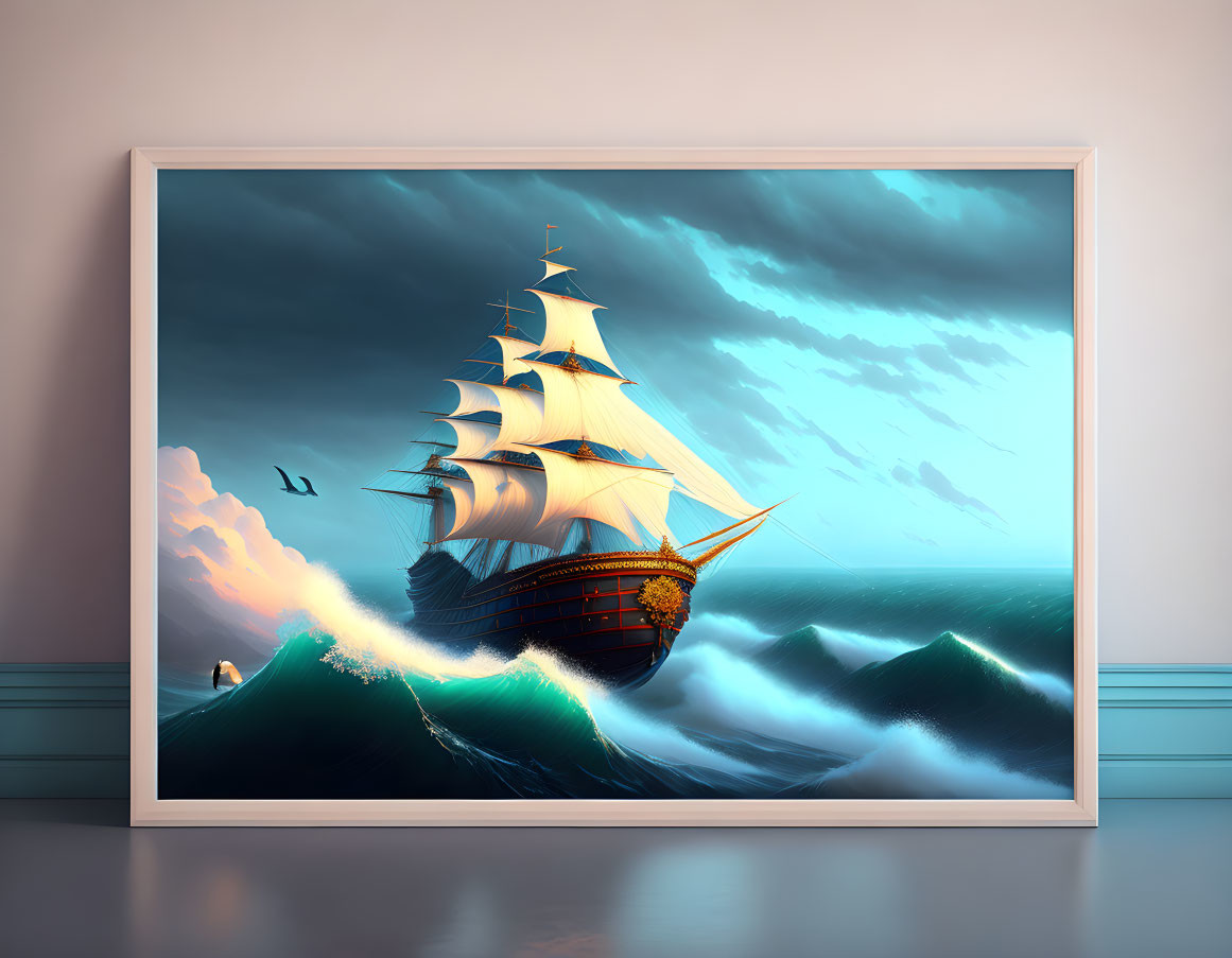 Framed image: Majestic sailing ship in stormy sea with sunset and birds