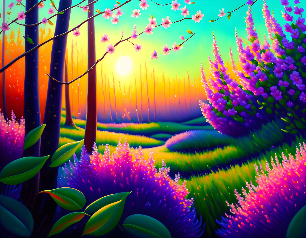 Scenic landscape with blossoming trees and radiant sunset