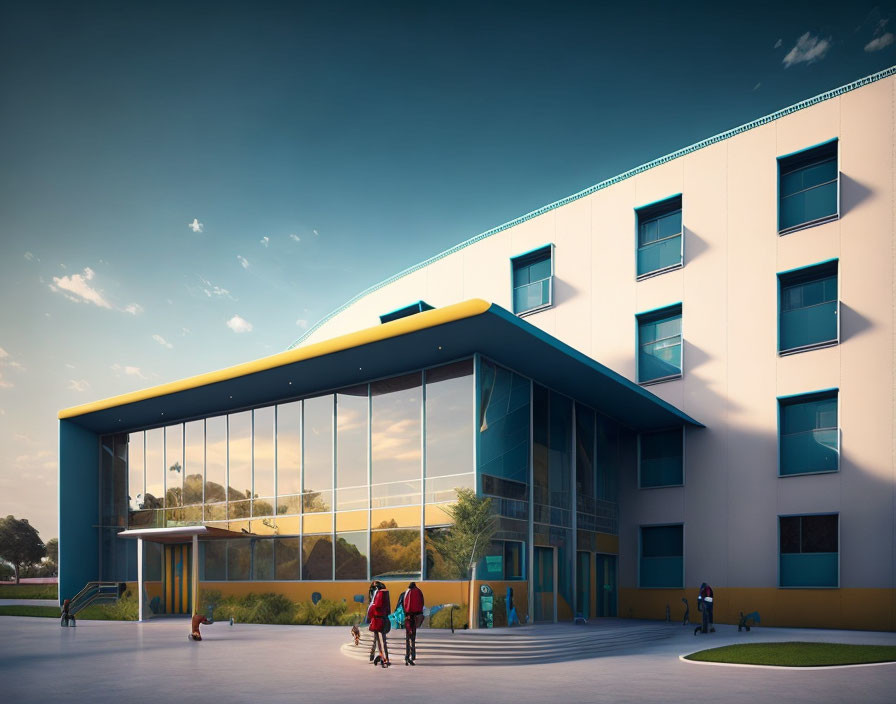 Contemporary School Building with Glass Entrance and Yellow Accents