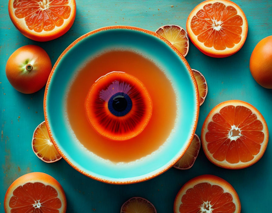 Turquoise Bowl with Realistic Eye Design Surrounded by Oranges on Blue Surface