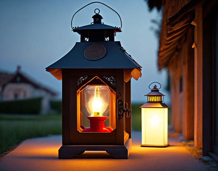 Vintage lanterns: large candle-lit and smaller glowing, on stone surface by wooden structure