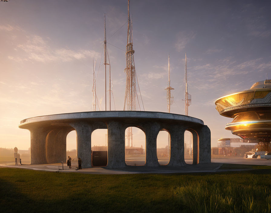 Futuristic building with arches, antennas, and spacecraft at dusk