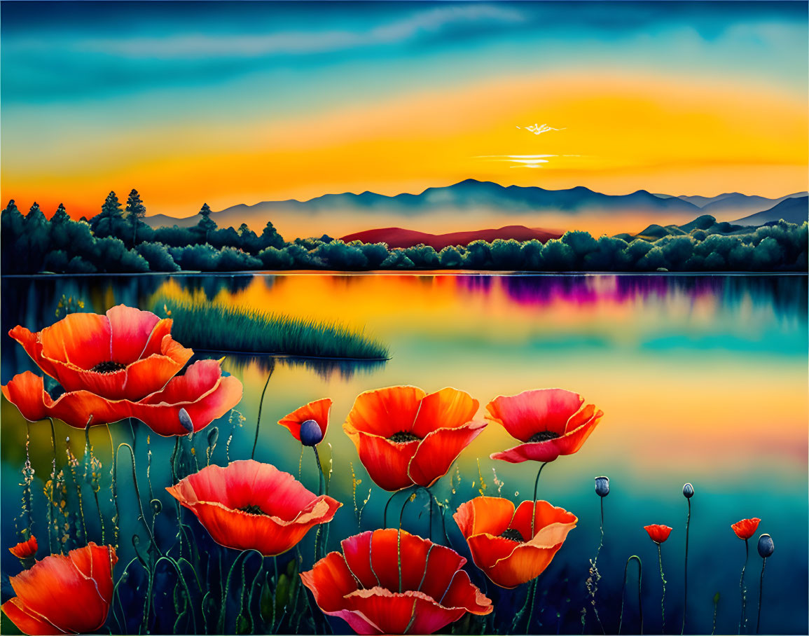 Scenic sunset over tranquil lake with mountains, blooming poppies, and flying bird