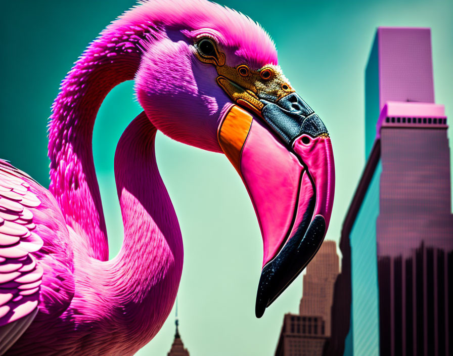 Pink flamingo with mechanical beak in cityscape setting