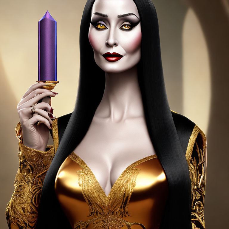 Stylized illustration of woman with black hair and purple crystal