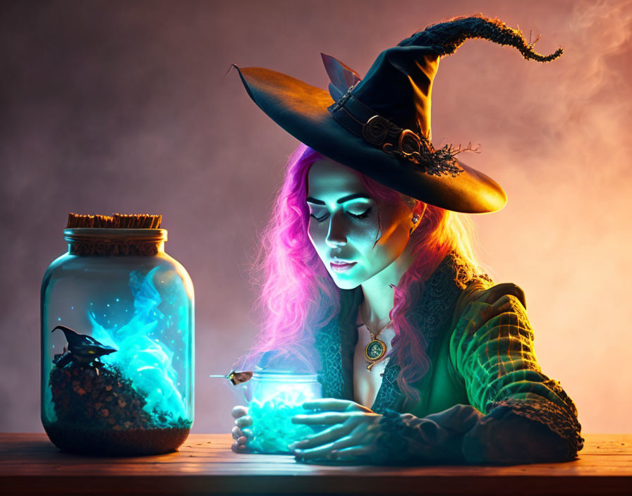 Person in Witch Costume Stirring Glowing Potion with Magical Fish Jar