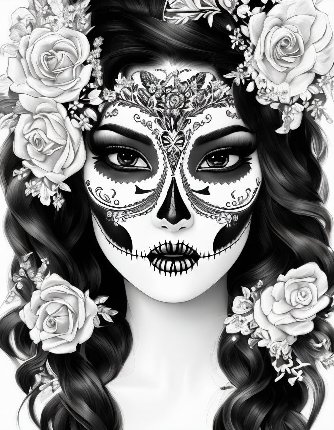 Monochrome illustration of person with sugar skull makeup and roses