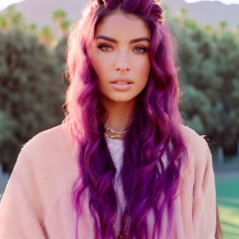 Person with Wavy Purple Hair and Green Eyes in Light Sweater Against Tree Backdrop