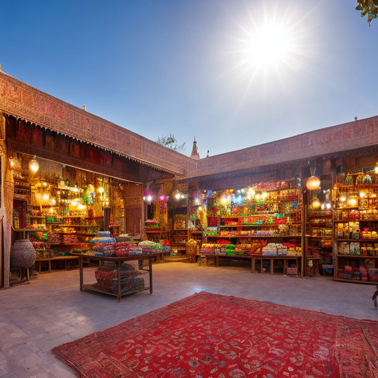 Colorful Market Scene with Carpets, Lanterns, and Merchandise