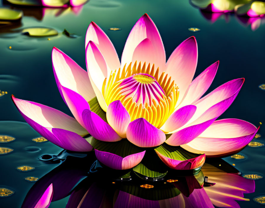 Colorful Lotus Flower Illustration on Reflective Water Surface