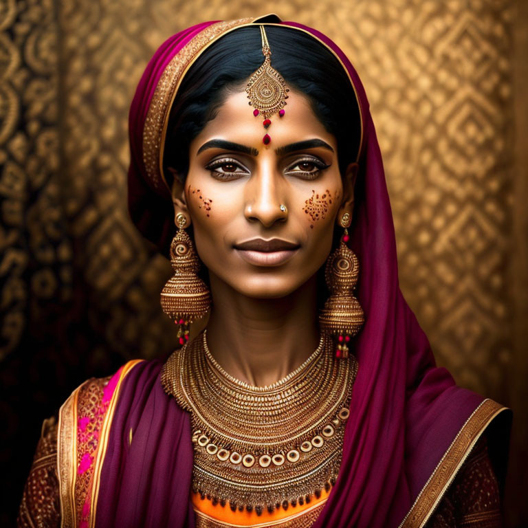 Traditional Indian Attire with Red Bindi and Henna Designs