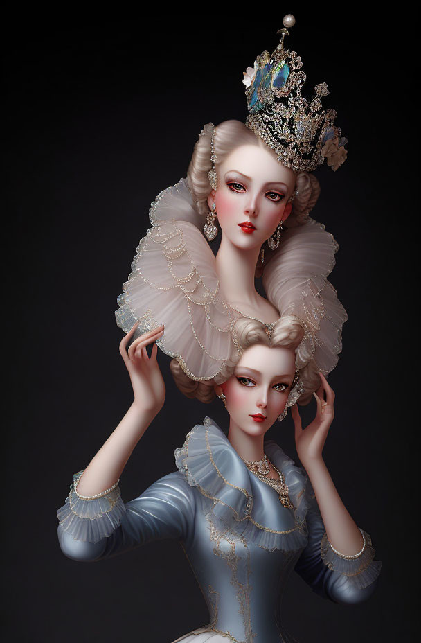 Two elegant female figures with elaborate hairstyles and regal attire on a dark background