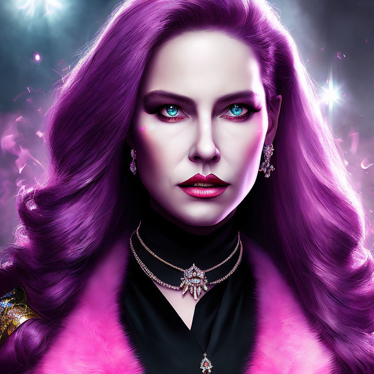 Colorful portrait of a woman with purple hair and blue eyes in mystical setting