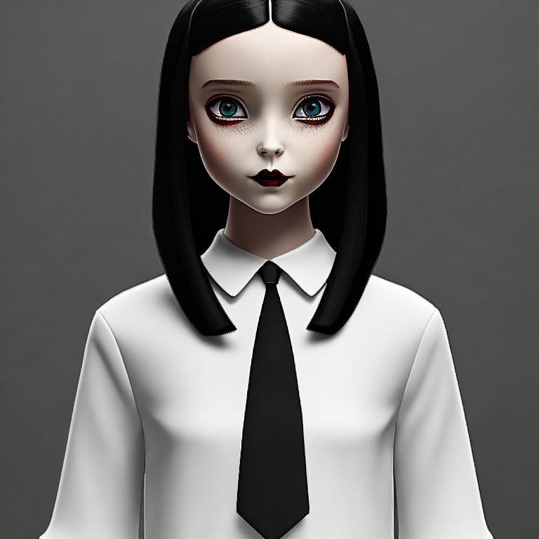 Pale-skinned girl with black hair, blue eyes, and tie in 3D illustration