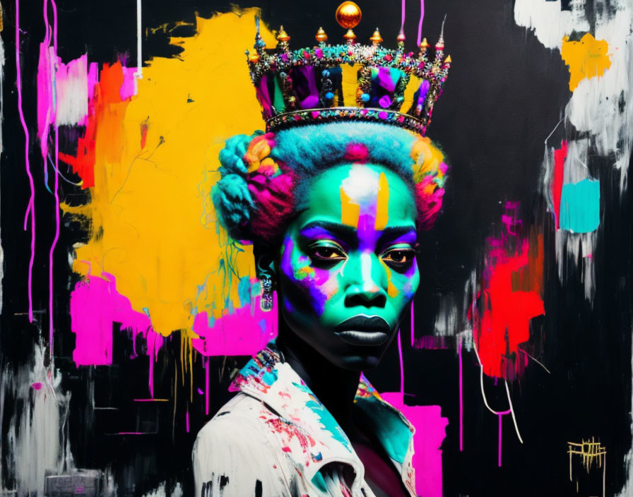 Colorful portrait of woman with crown in neon pink and yellow on black background