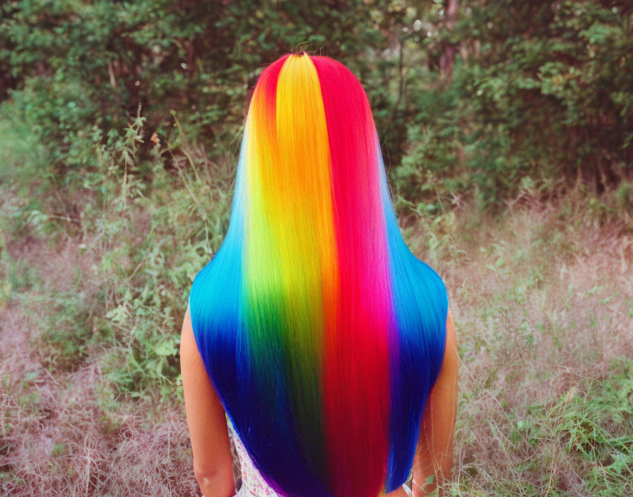 Colorful Long-Haired Person Facing Away in Nature