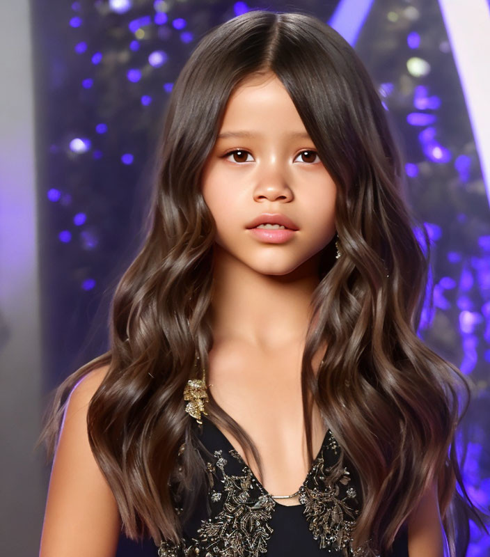 Girl with Long Wavy Brown Hair in Black Dress with Gold Embroidery on Bokeh Light Background