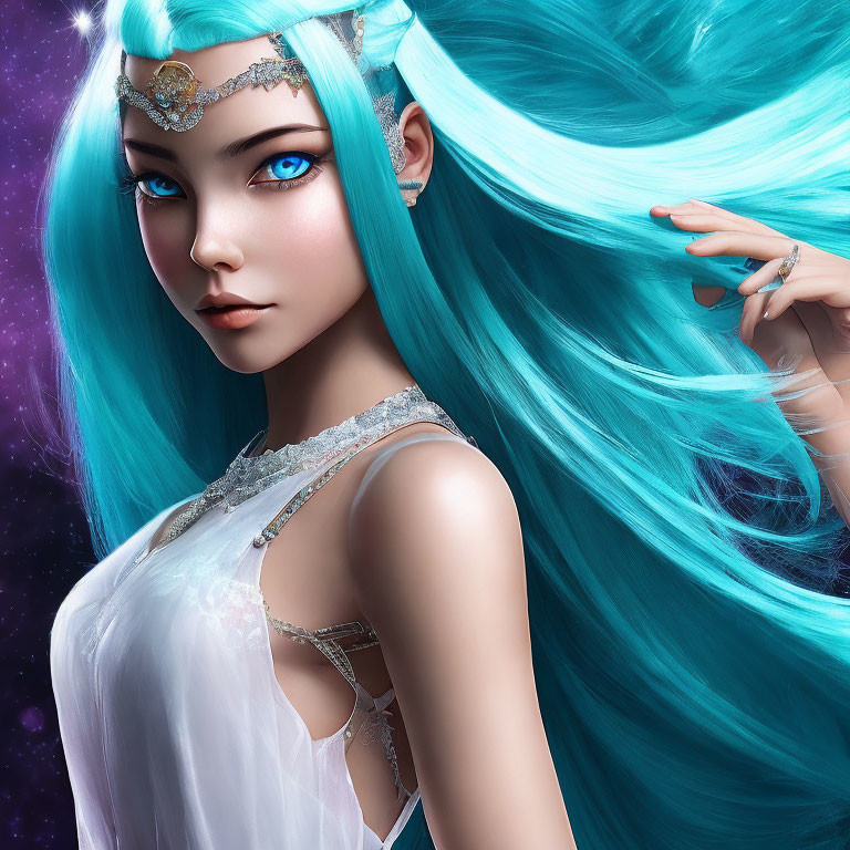 Mythical Female Figure with Blue Hair and Tiara in White Dress