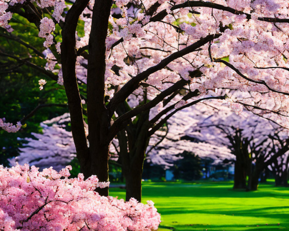 Vibrant pink cherry blossoms in lush green park under sunlight