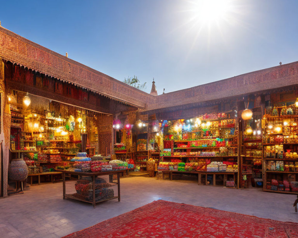 Colorful Market Scene with Carpets, Lanterns, and Merchandise