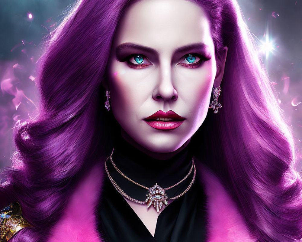 Colorful portrait of a woman with purple hair and blue eyes in mystical setting