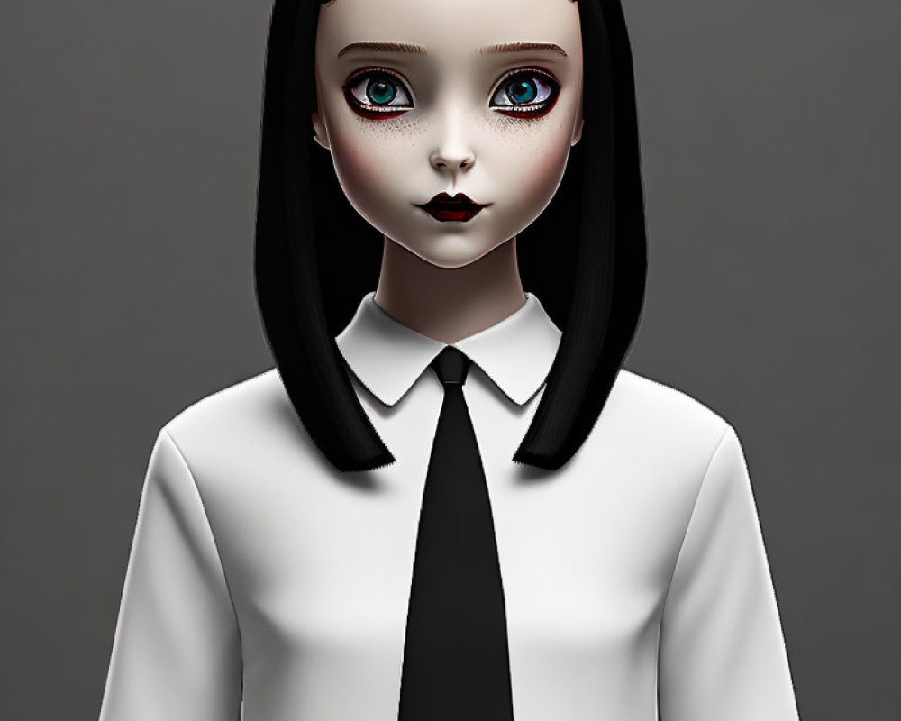 Pale-skinned girl with black hair, blue eyes, and tie in 3D illustration