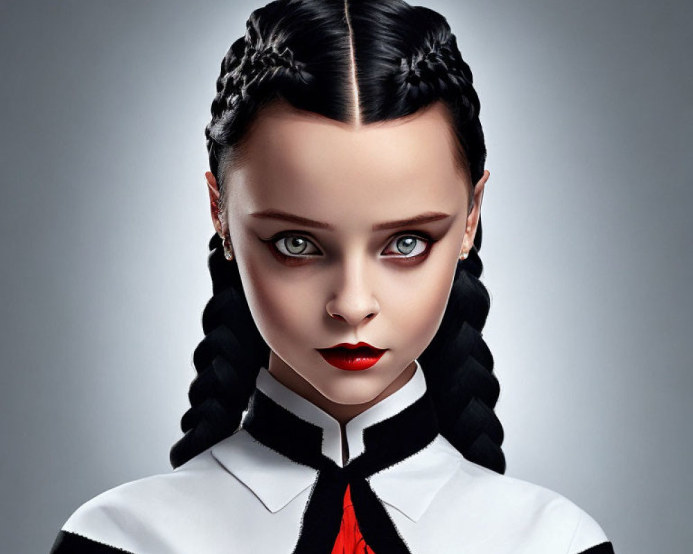 Female digital artwork: pale skin, dark hair in braids, red lips, black, white,