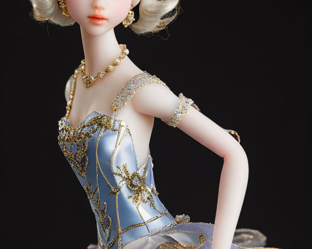 Blonde Curly Haired Porcelain Doll in Blue and Gold Dress