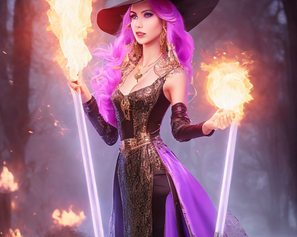 Purple-haired witch with flaming staff in misty forest