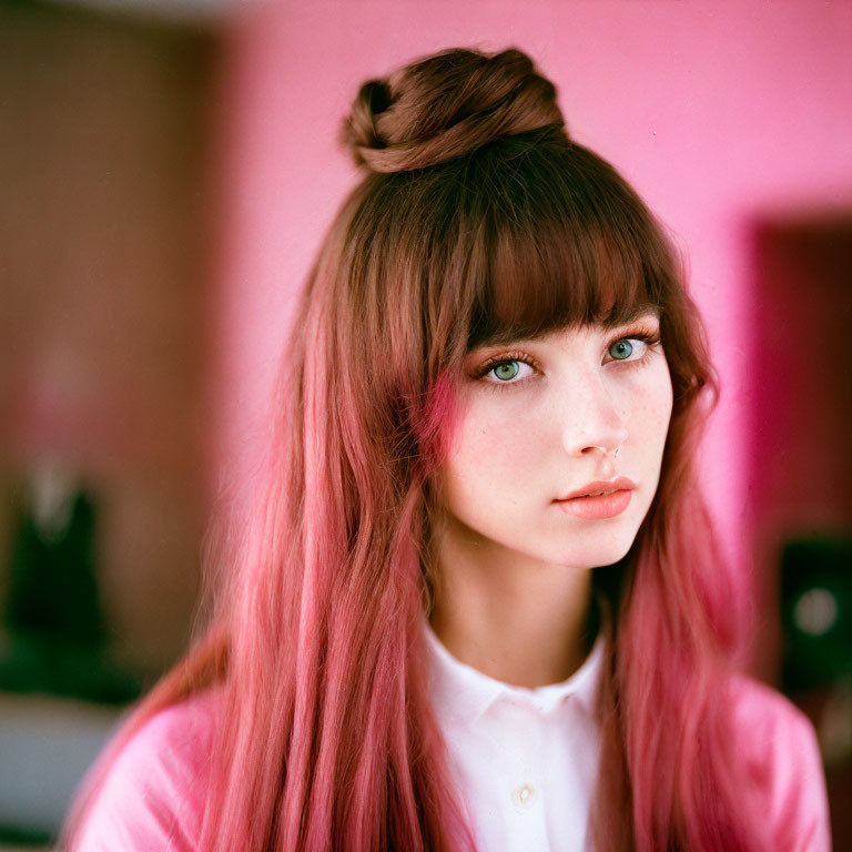 Pink-haired woman with nose piercing in white shirt on pink background