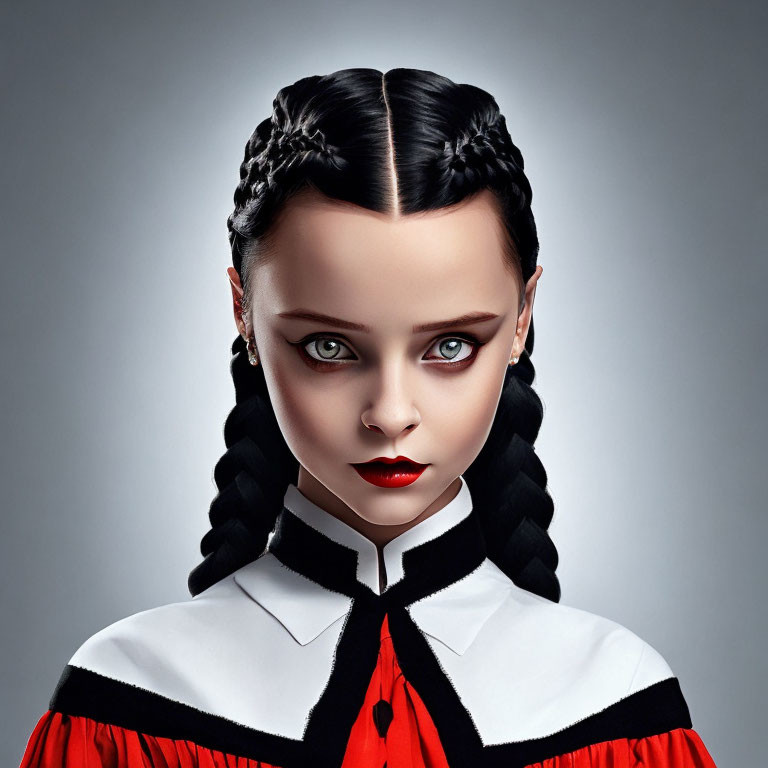 Female digital artwork: pale skin, dark hair in braids, red lips, black, white,