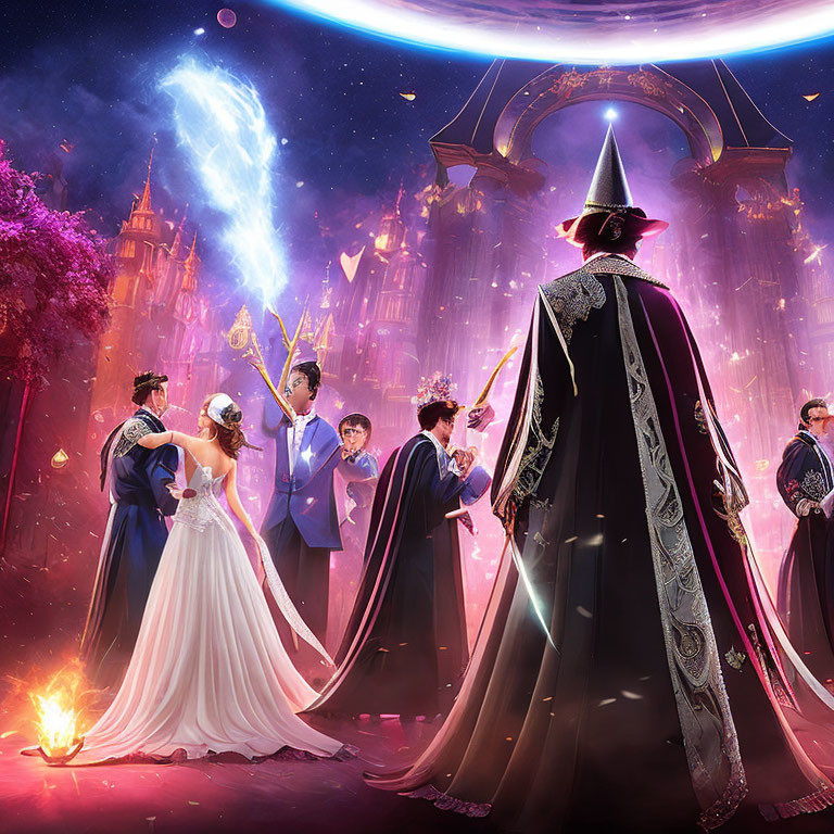 Enchanting wedding scene with wizard, couples, castle, and mystical lights