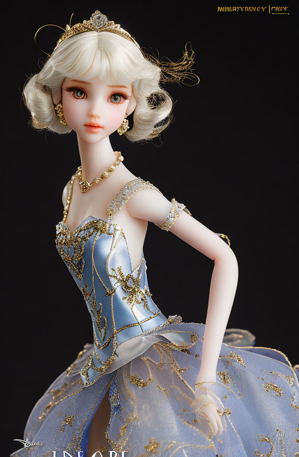 Blonde Curly Haired Porcelain Doll in Blue and Gold Dress