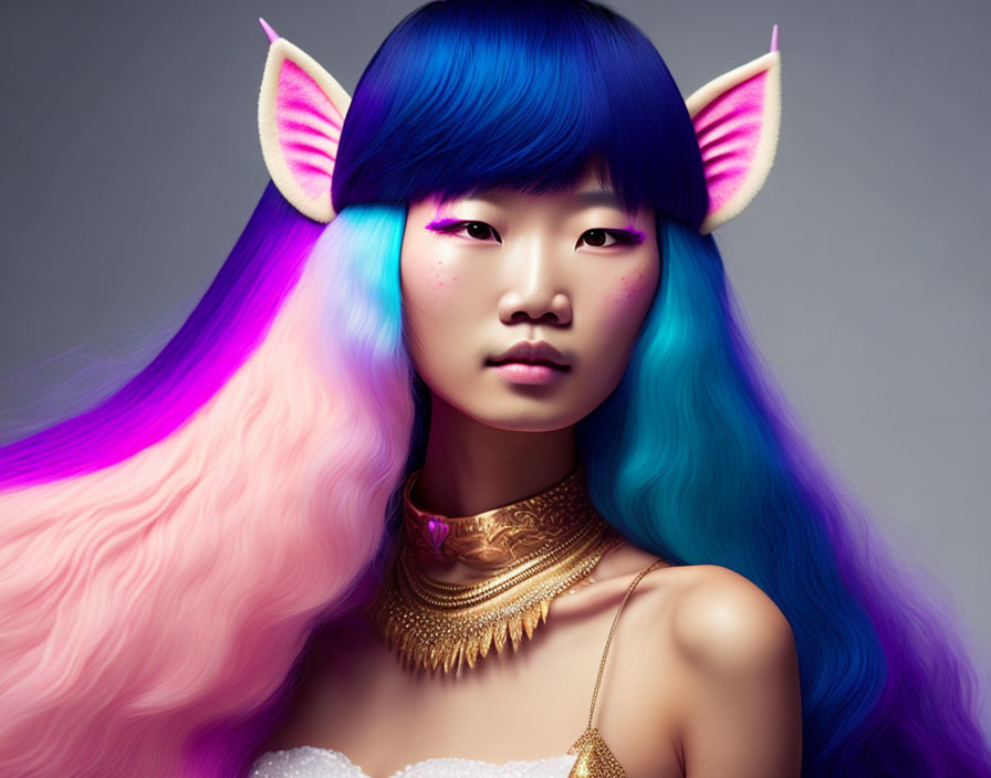 Portrait of a person with blue-to-pink hair, elf-like ears, and gold choker necklace