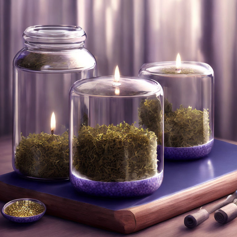 Three candles in glass jars with purple stones and greenery on wooden board in room with purple curtains.