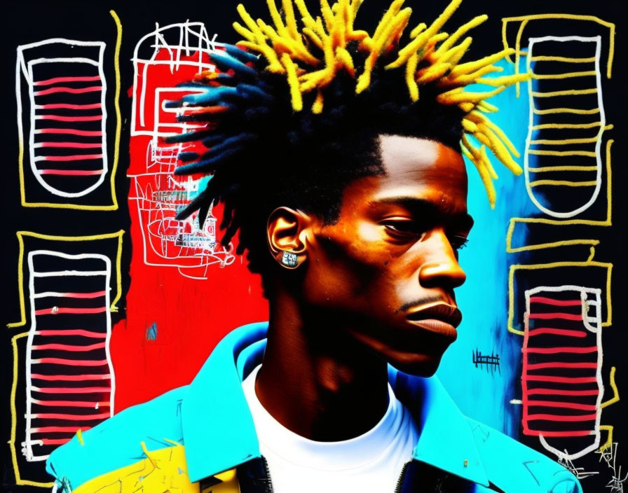 Yellow-tipped dreadlocks person against vibrant graffiti wall in blue jacket profile view