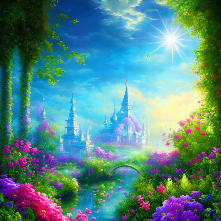 Colorful fantasy landscape with gardens and ornate buildings under starry sky