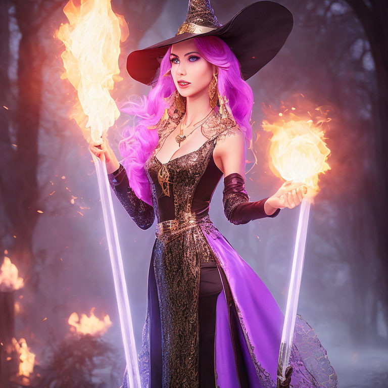 Purple-haired witch with flaming staff in misty forest