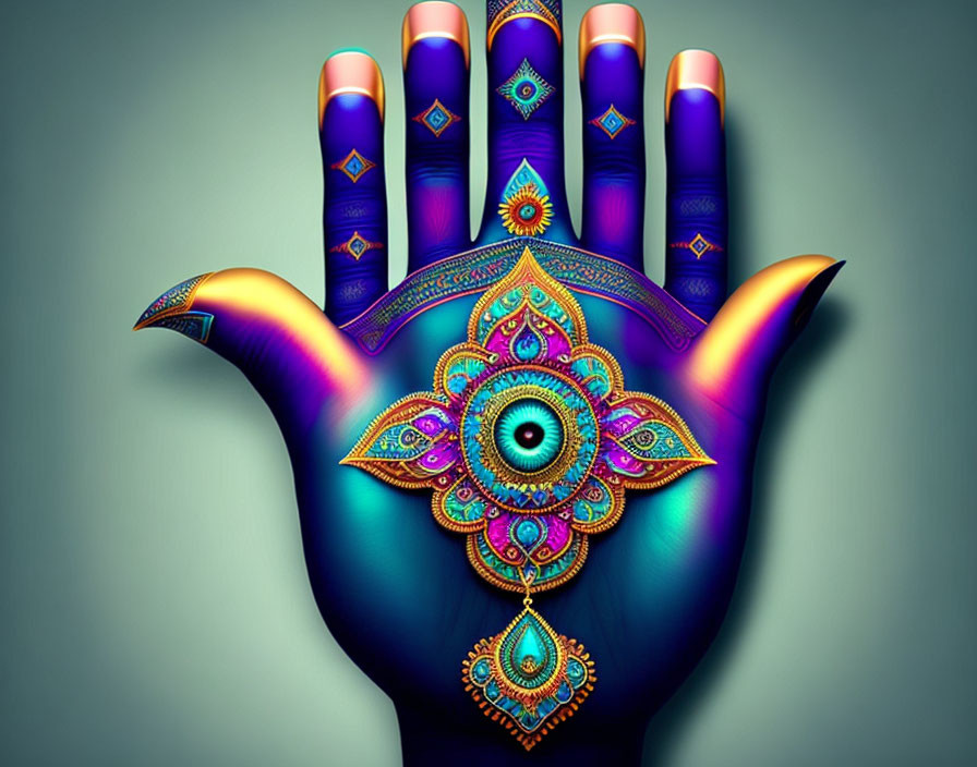 Colorful Peacock and Mandala Hand Design on Gray Background