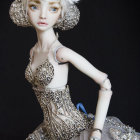 Blonde Curly Haired Porcelain Doll in Blue and Gold Dress