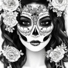 Monochrome illustration of person with sugar skull makeup and roses