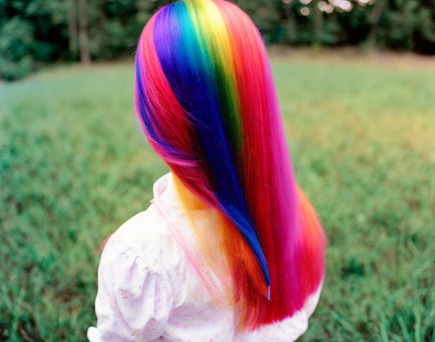 Colorful Long Hair Person Outdoors with Rainbow Hues