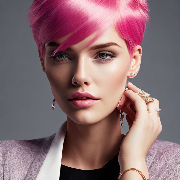 Portrait of woman with pink hair, blue eyes, and jewelry on grey background