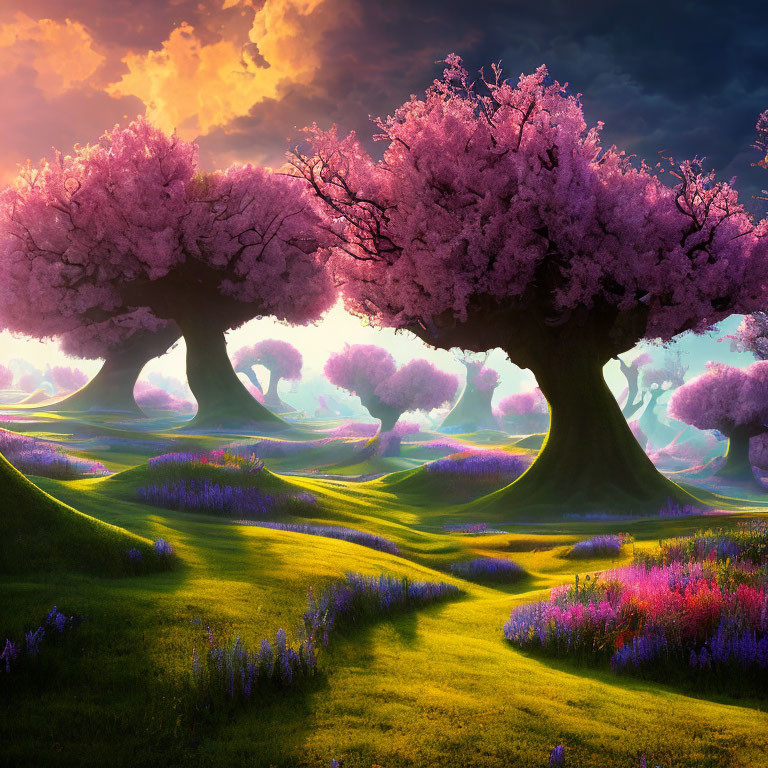 Vibrant landscape with pink blooming trees and lush green hills